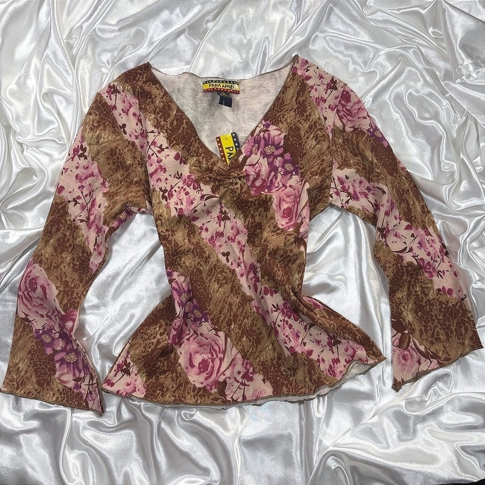 y2k Paris Angel Top Brown NWT Floral Animal Print V-Neck Long Sleeve Shirt